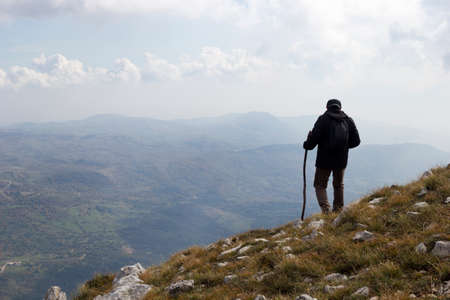 hiker on mountain peak on matese park の写真素材