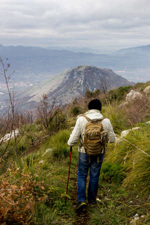 hiker on mountain trail の写真素材