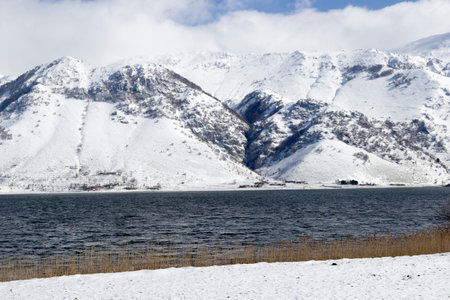 view of mountain lake with snow