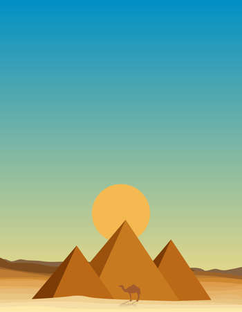 egypt desert with pyramid at sunsetのイラスト素材