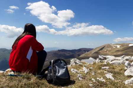girl hike relaxr in mountain summit