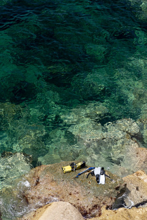 diving sub and rock in transparent Mediterranean sea in ischia forio