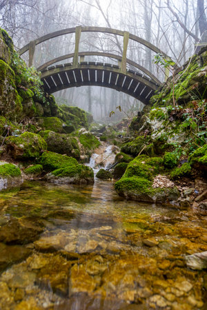 small bridge over stream in winter autumn