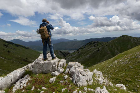 hiker on the top of a mountain on Gallinola in Matese Parkの写真素材