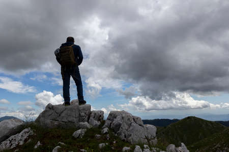 hiker on the top of a mountain on Gallinola in Matese Parkの写真素材