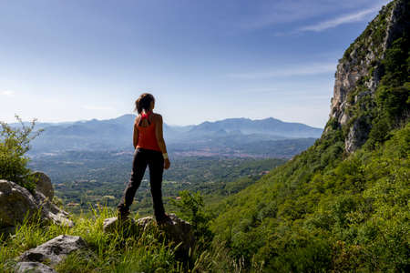 hiker on the top of a mountain in Partenio parkの写真素材