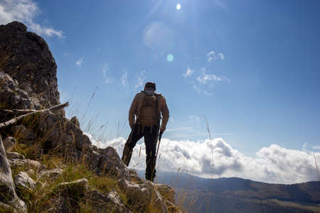 hiker on the top of a mountain in matese parkの写真素材