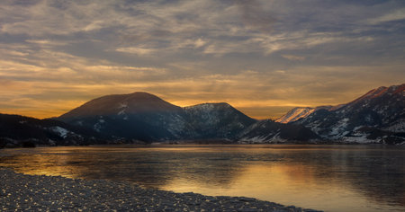 matese iced lake at sunsetの写真素材