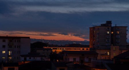 panoramic city skyline of Aversa at sunsetの写真素材