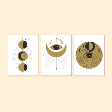 Abstract Boho Poster Set collection of mythology and mystical illustrations in hand drawn styleのイラスト素材