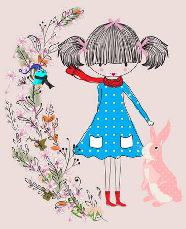 cute beautiful little girl sketchのイラスト素材