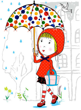Illustration of cute girl and  with umbrella in rainy seasonのイラスト素材