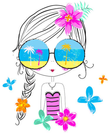 Summer cute girl/T-shirt Graphic/the children's book illustrations/fashion girl graphic/sea-themed illustrations/illustration beautiful girl/beach girl/sweet girl/pretty girl/character design; Summer cute girl/T-shirt Graphic/the children's book illustratのイラスト素材