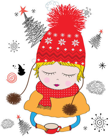 Winter cute little girl vector illustrationのイラスト素材