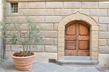 Wooden gate and a stone wall, buildings Tuscanyの写真素材