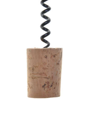 Single cork and metal corkscrew on a white backgroundの写真素材