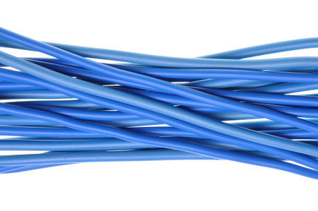 Blue power cables lines isolated on white background 