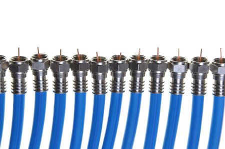 Bunch of blue coaxial cables with connectors 