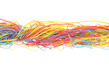 Tangled cables in telecommunication networks isolated on white background