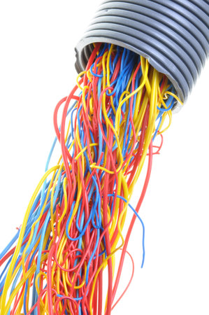 Network cables in corrugated pipe isolated on white background 