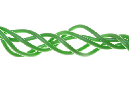 Green power supply cables isolated on white background 