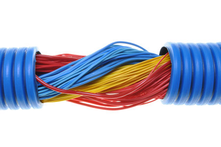 Blue corrugated pipe withe cables isolated on white background 