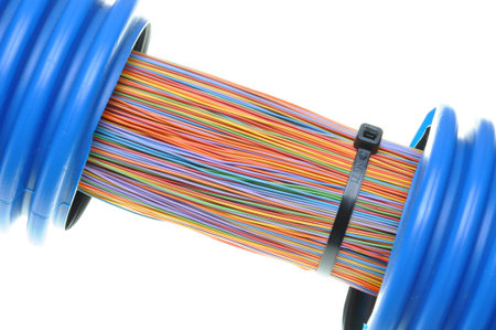 Corrugated pipe withe cables isolated on white background 