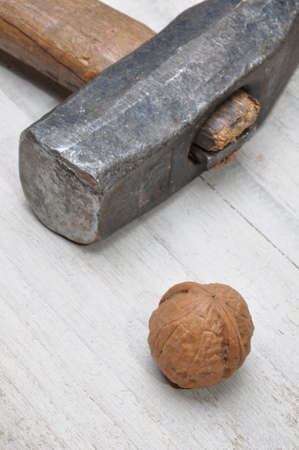 Walnut and hammer on the tableの写真素材