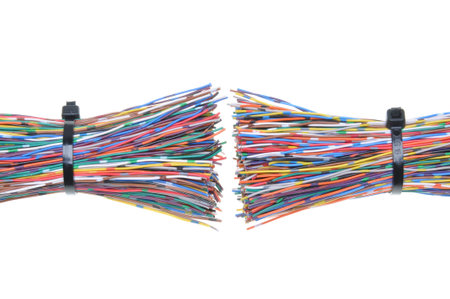 Color wires with cable ties isolated on white background