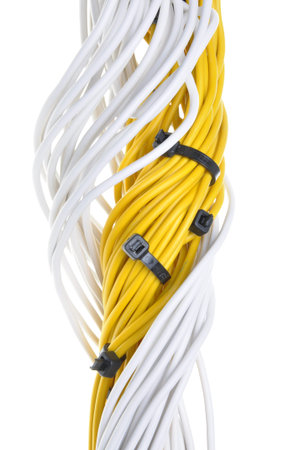 Electrical yellow and white cables isolated on white background