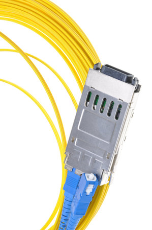 Gigabit Interface Converter with fiber cable on white background