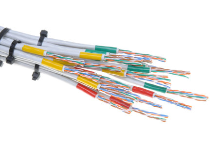 Computer network cables with cable ties on white background
