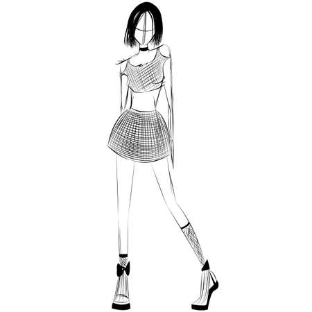 Sketch of young fashion girl, vector illustrationのイラスト素材
