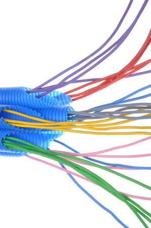 Colored electrical copper cables for electrician in corrugated pipe isolated over white background