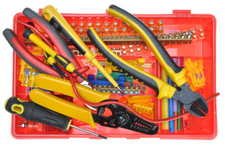 Tool box with electrical tools and componentsの写真素材