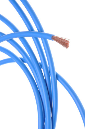 Blue electrical power cable isolated on white background