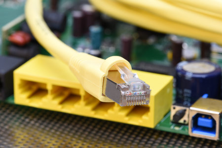 Close up of network cable with electronics Router