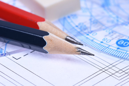 Pencils and rulers electrical scheme closeup