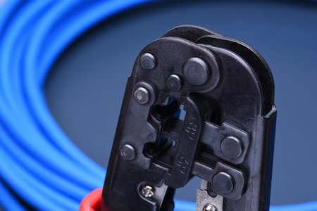 Crimping tool with cable for computer networkの写真素材