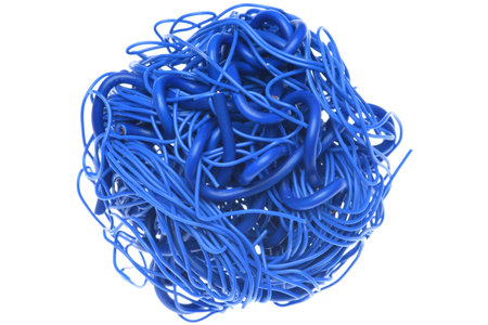 Ball of blue cables isolated on white backgroundの写真素材