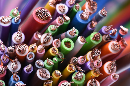 Colored electric cables closeup