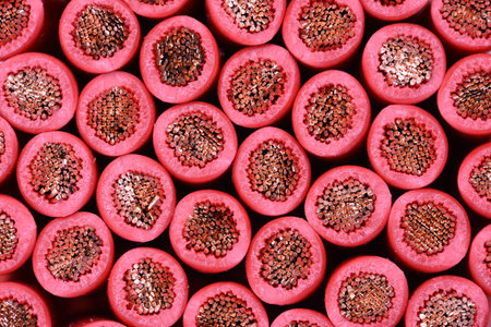 Group of red electric cables closeup