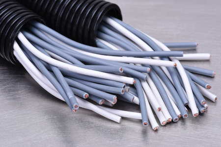 Electric cables in corrugated plastic pipes on metal surface