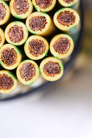 Group of yellow and green earth cable closeupの写真素材
