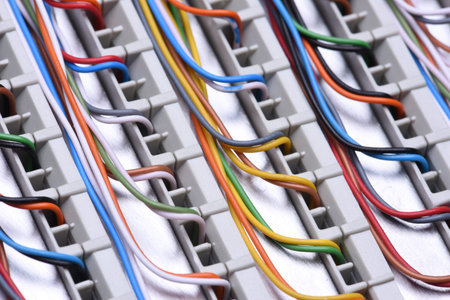 Telecommunication main distribution frame with cables, closeup