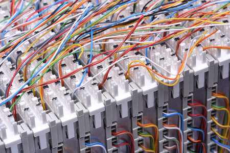 Telecommunication main distribution frame with cables, closeup