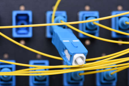 Fiber network yellow optical network cables with SC connectorsの写真素材
