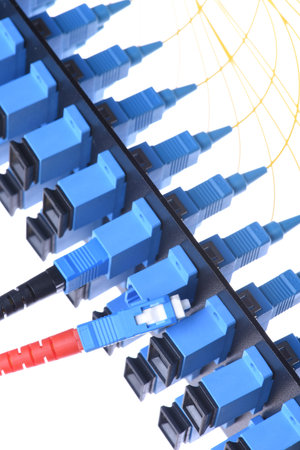 Fiber optic cable network with optical distribution frame isolated on white backgroundの写真素材