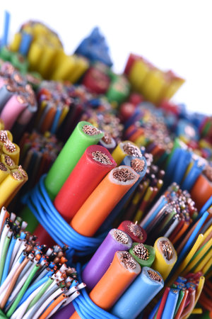 Colored electric cables closeup
