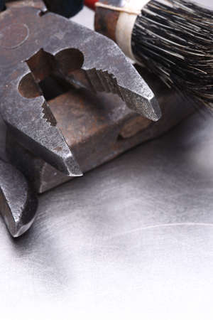 Tools and instruments on metal backgroundの写真素材